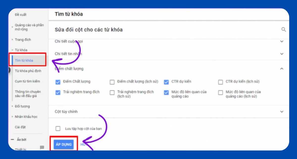Giao diện kiểm tra điểm chất lượng trong Google Ads 