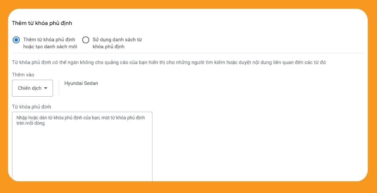 Thêm từ khóa phủ định cấp độ chiến dịch hoặc nhóm quảng cáo
