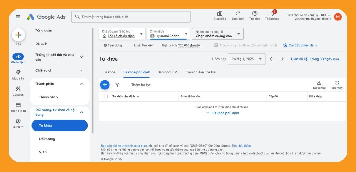 Thêm từ khóa phủ định trong Google Ads