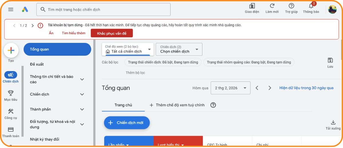 Tài khoản Google Ads mới hoặc từng có lịch sử vi phạm