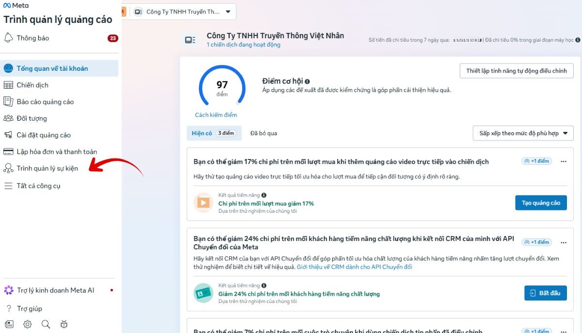 Bước 1: Truy cập Meta Events Manager