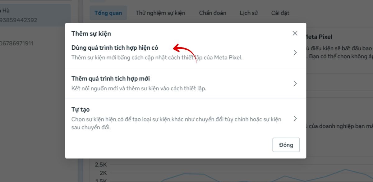 Bước 2: Chọn công cụ thiết lập sự kiện từ Pixel