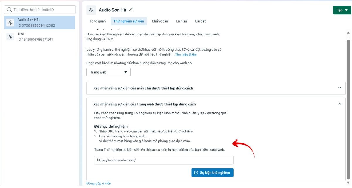 Bước 2: Chọn xác nhận sự kiện của trang web