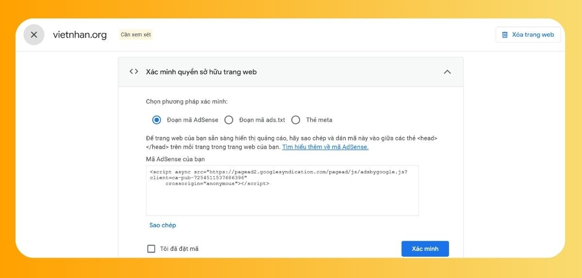 Bước 3: Nhập thông tin website