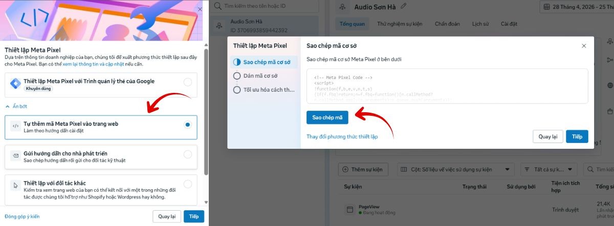 Bước 4: Lấy mã Pixel Facebook