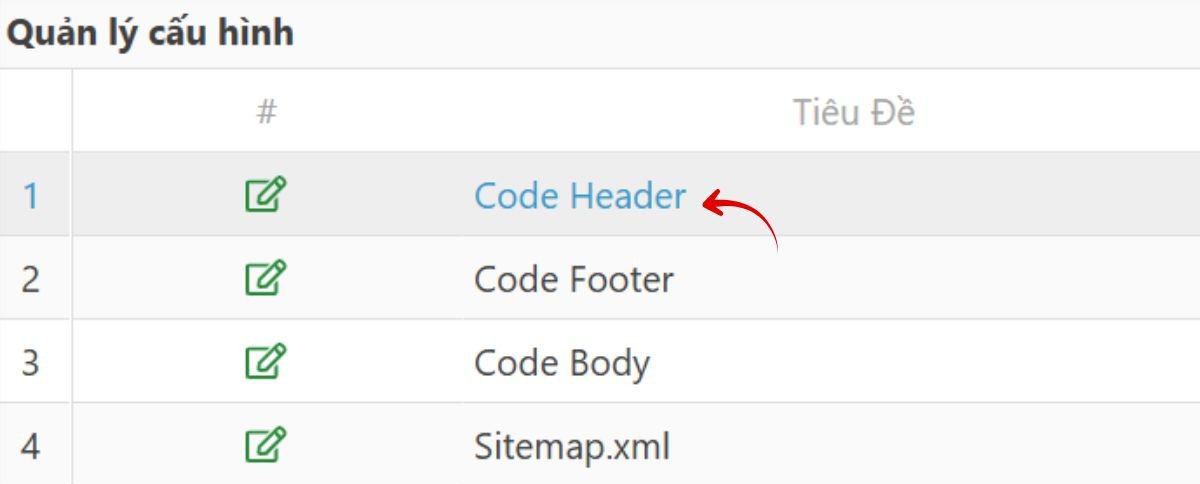 Vào cấu hình code header trong admin